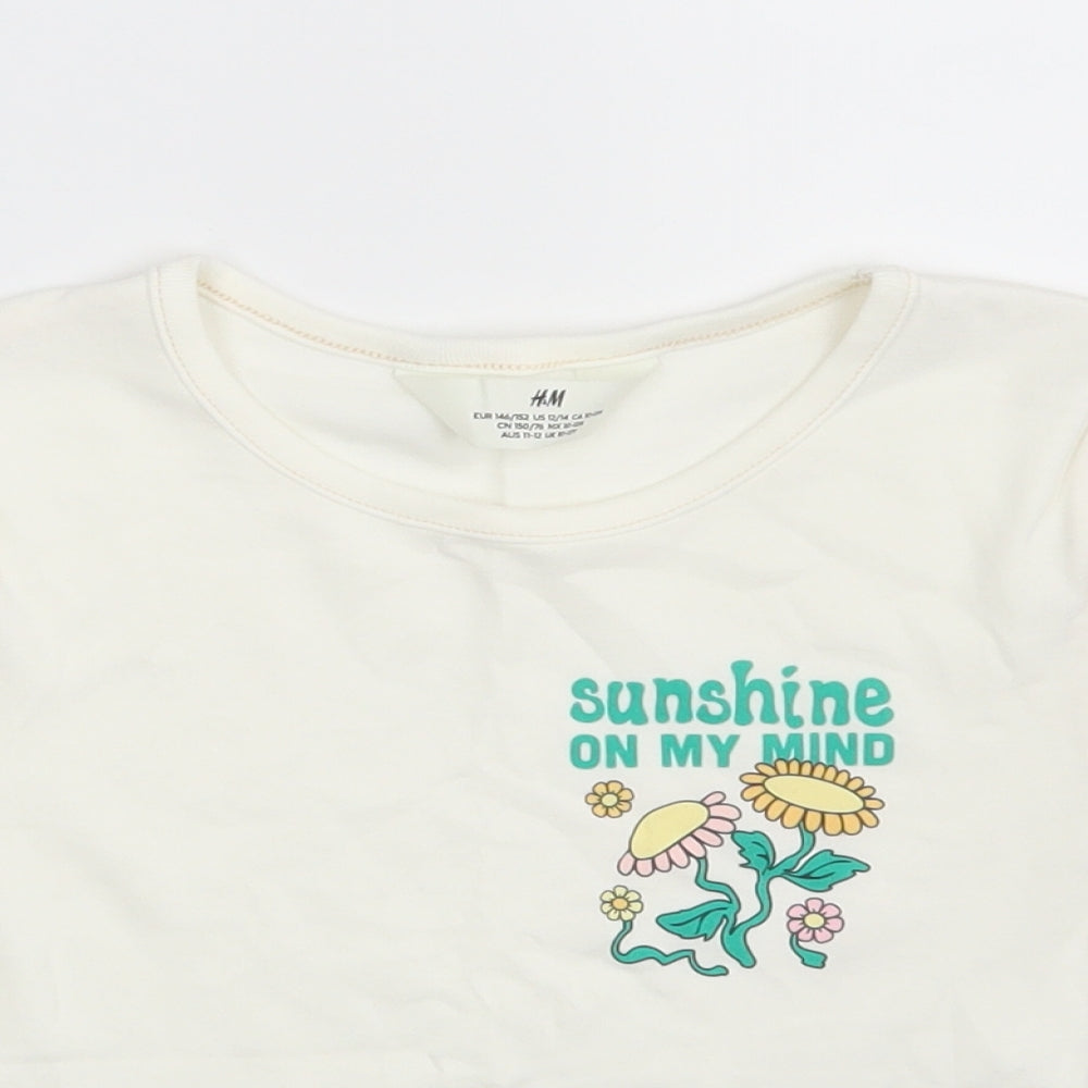 H&M Girls White  Cotton Cropped T-Shirt Size 10-11 Years Crew Neck  - Sunshine on my Mind