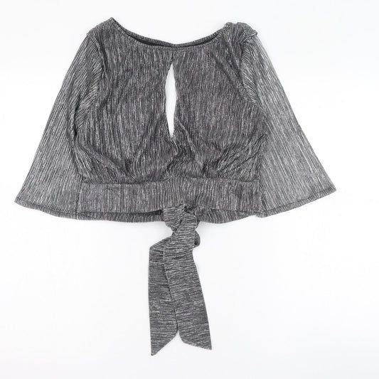 PRETTYLITTLETHING Womens Grey  Polyester Cropped Blouse Size 8 Round Neck