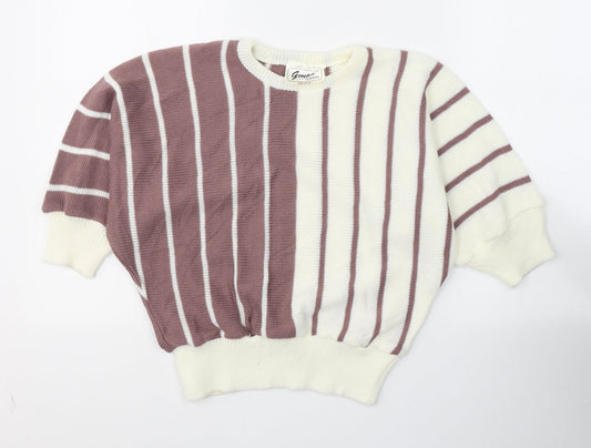 Genetics Womens White Round Neck Striped Acrylic Pullover Jumper Size 14