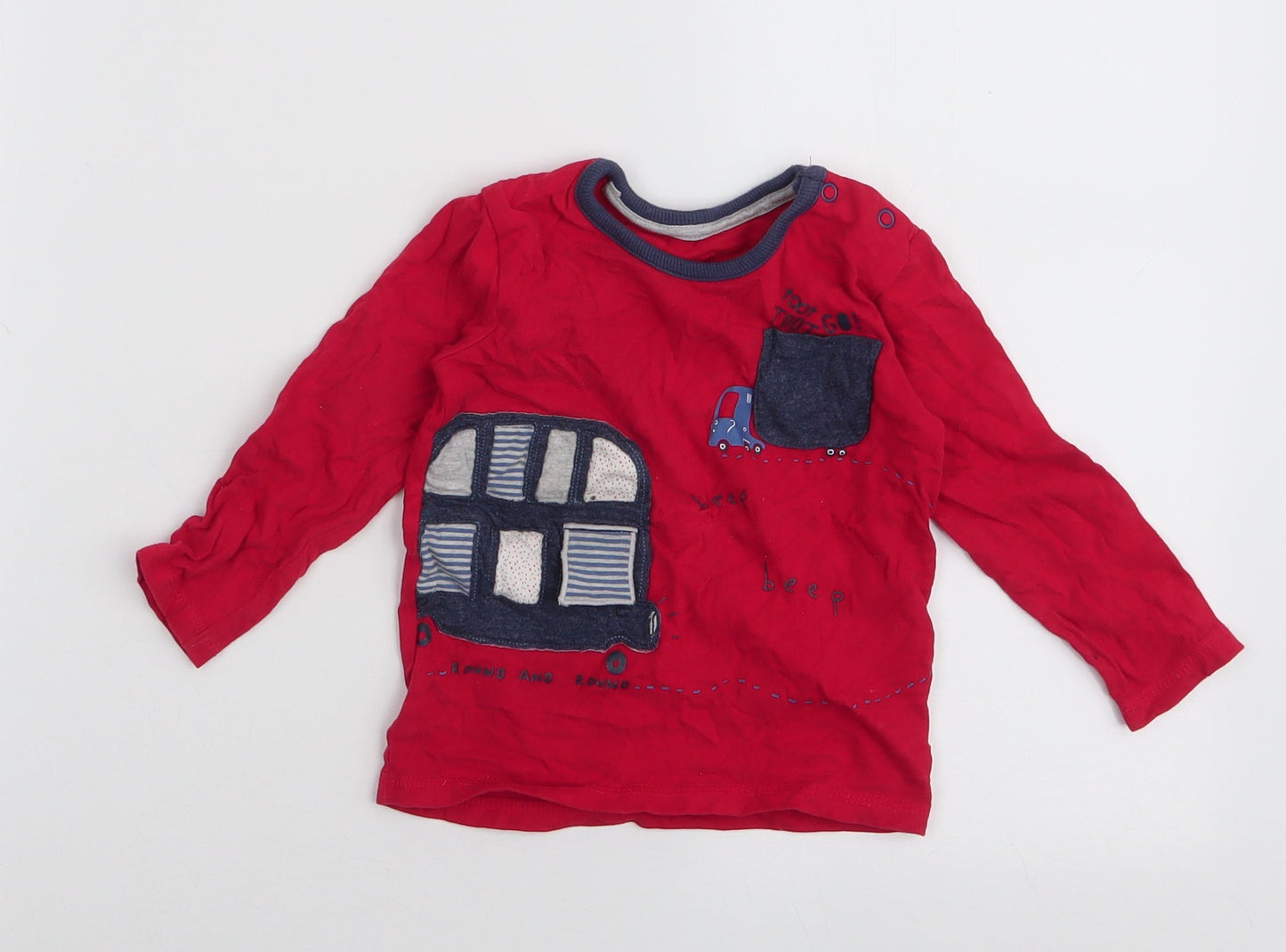 George Boys Red  100% Cotton Jersey T-Shirt Size 9-12 Months Round Neck Snap - Bus