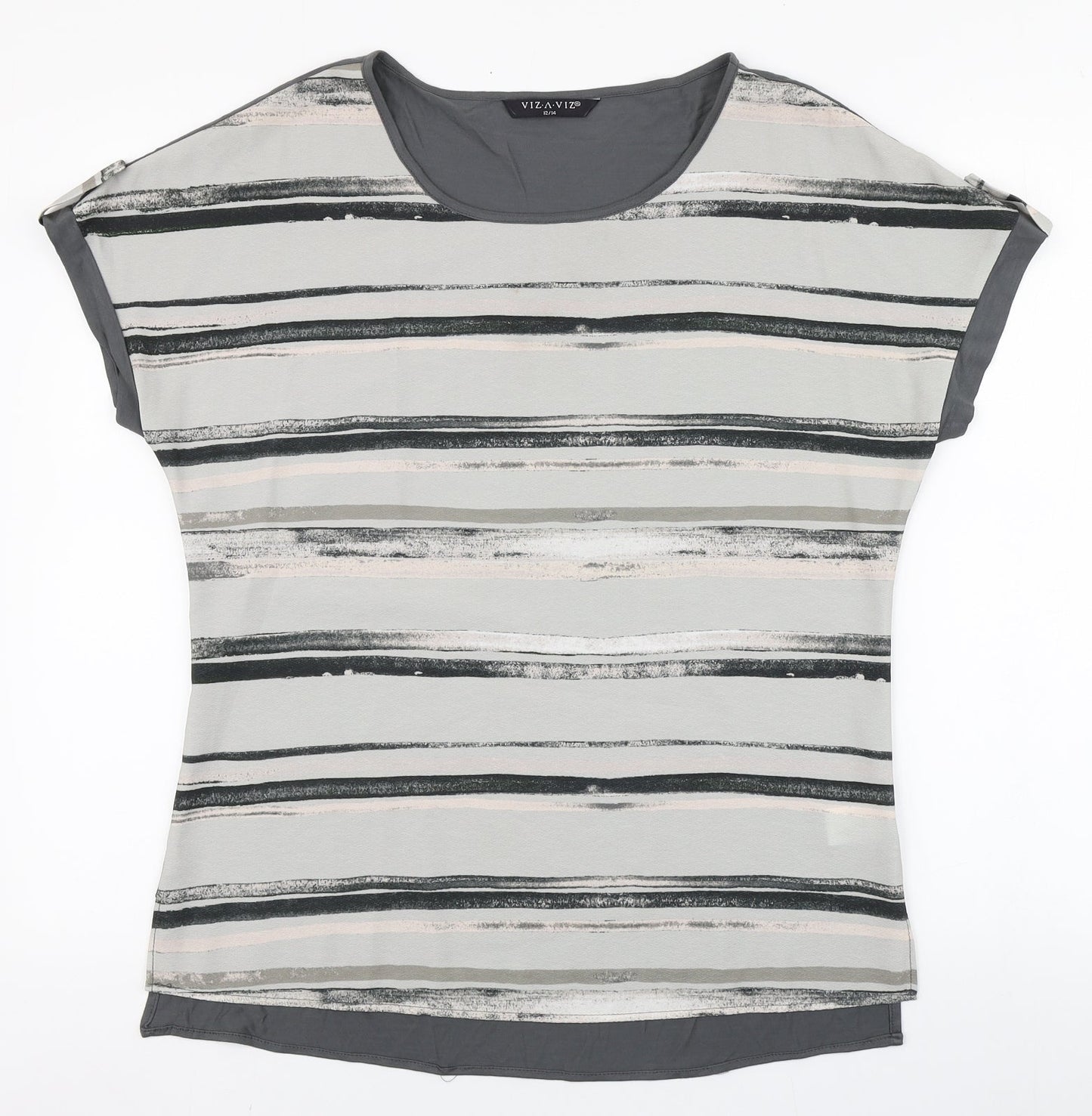 Viz A Viz Womens Grey Striped Polyester Basic Blouse Size 12 Round Neck - Floaty