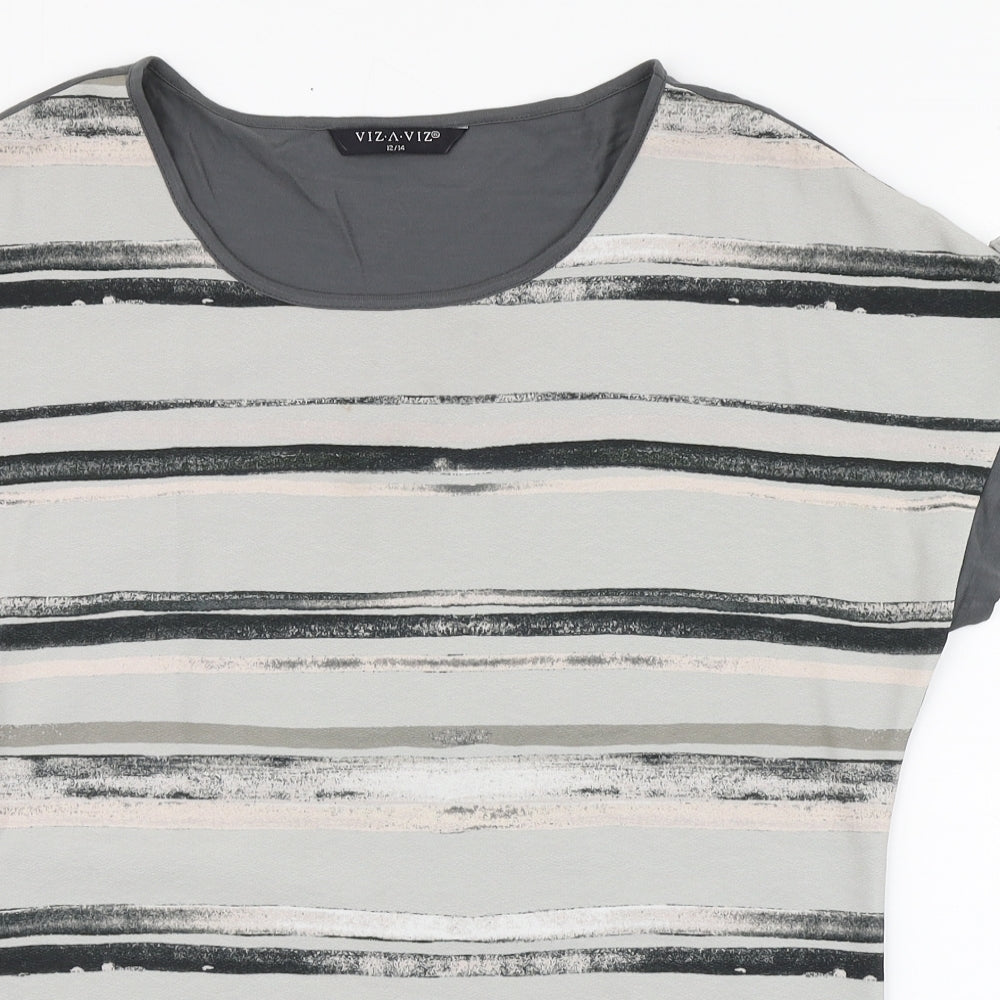 Viz A Viz Womens Grey Striped Polyester Basic Blouse Size 12 Round Neck - Floaty