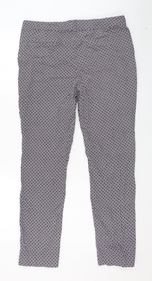 Dunnes Stores Womens Blue Geometric Cotton Carrot Trousers Size 14 L28 in Regular Zip