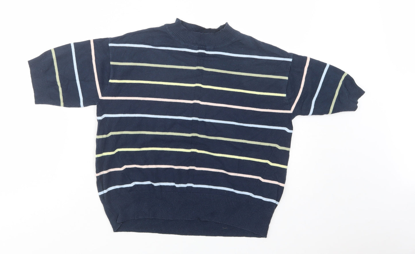 Marks and Spencer Womens Blue Mock Neck Striped Cotton Pullover Jumper Size S