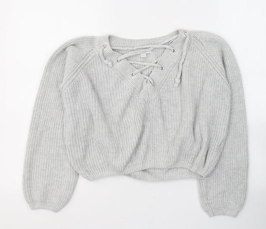 Subdued Womens Grey V-Neck  Cotton Pullover Jumper Size S   - Tie Up Neck