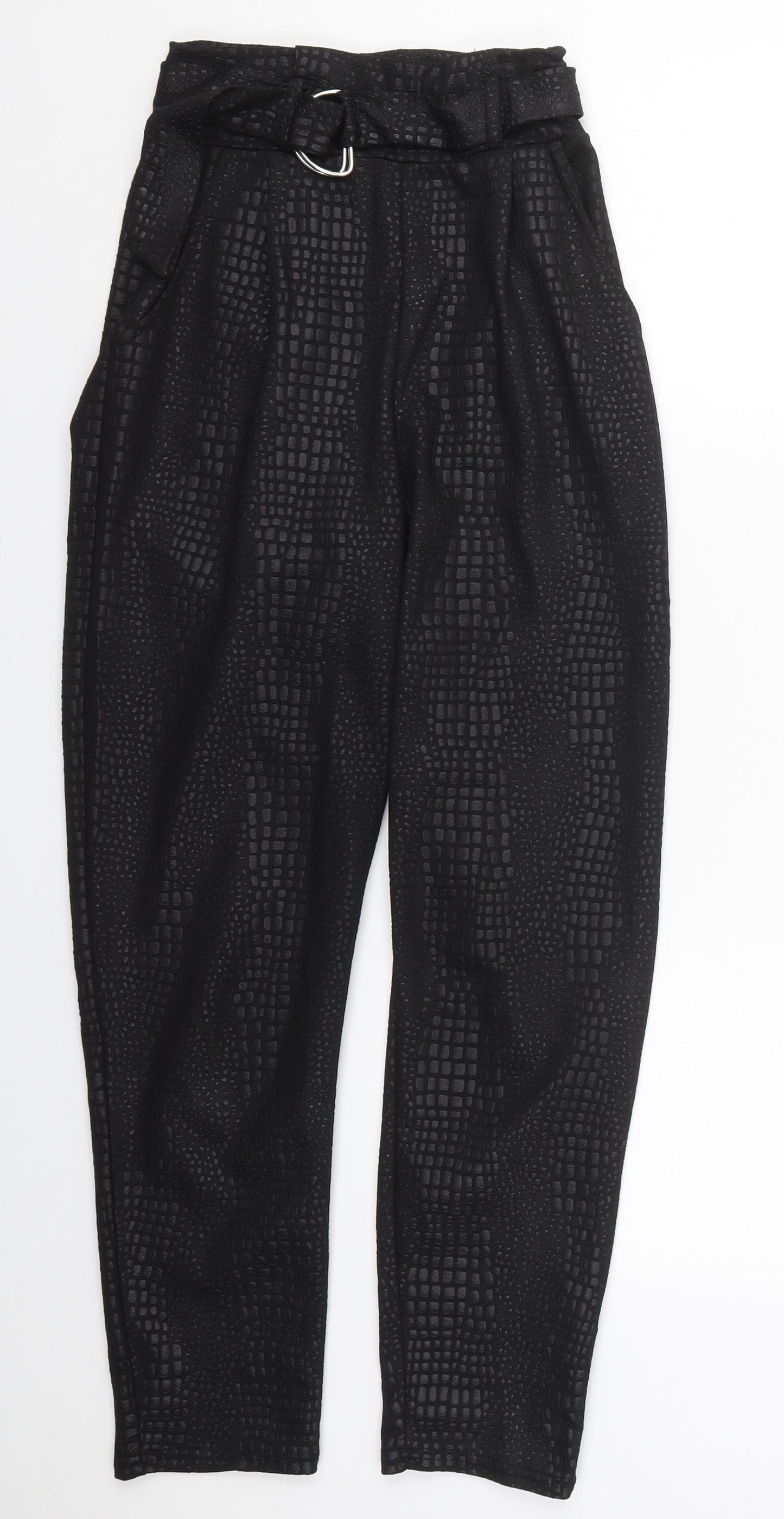 PRETTYLITTLETHING Womens Black Animal Print Polyester Trousers  Size 6 L26 in Regular