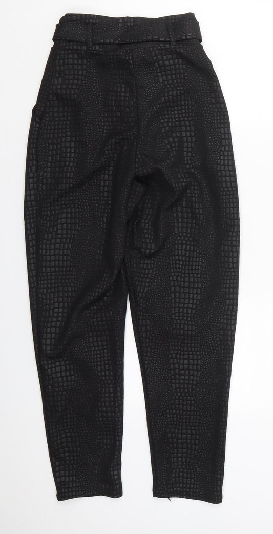 PRETTYLITTLETHING Womens Black Animal Print Polyester Trousers  Size 6 L26 in Regular