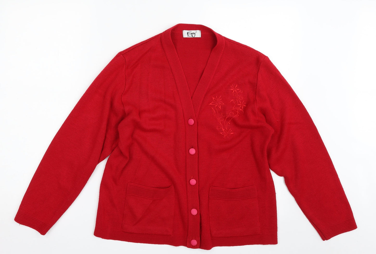 Care Womens Red V-Neck Floral Acrylic Cardigan Jumper Size M