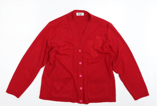 Care Womens Red V-Neck Floral Acrylic Cardigan Jumper Size M