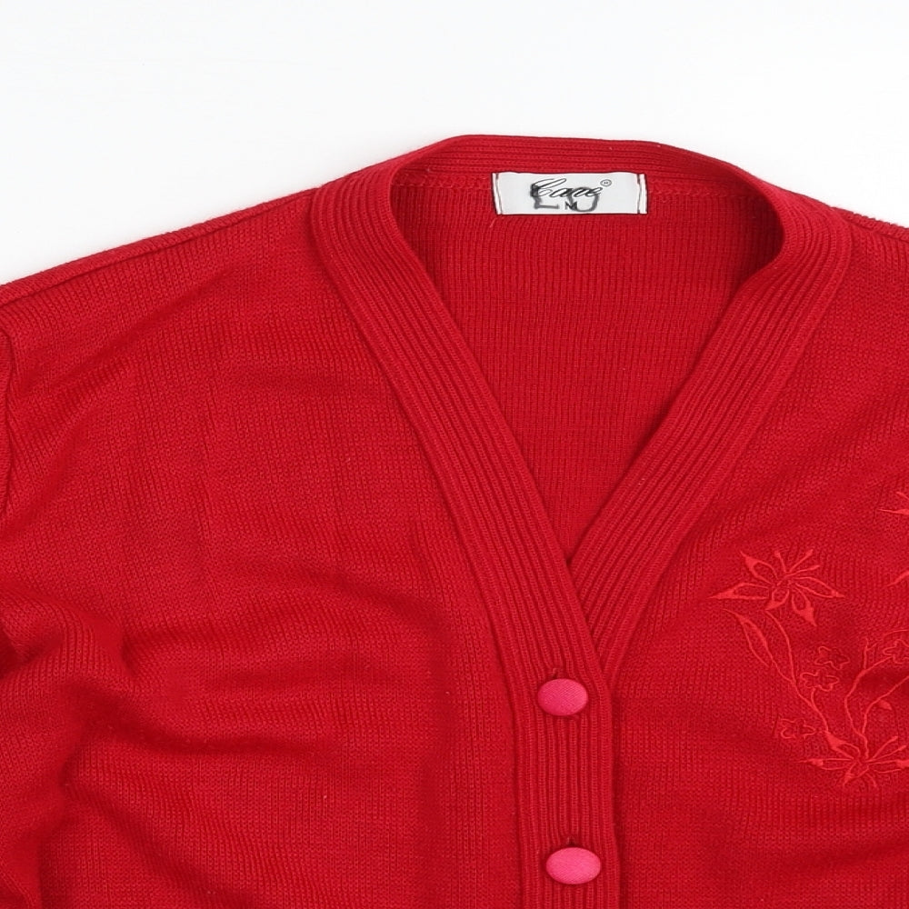 Care Womens Red V-Neck Floral Acrylic Cardigan Jumper Size M