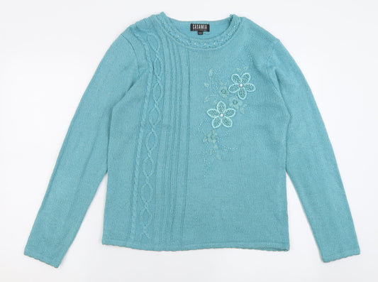 Casamia Womens Blue Crew Neck Floral Acrylic Pullover Jumper Size S