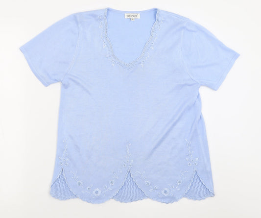 Fay Louise Womens Blue V-Neck Floral Acrylic Pullover Jumper Size S