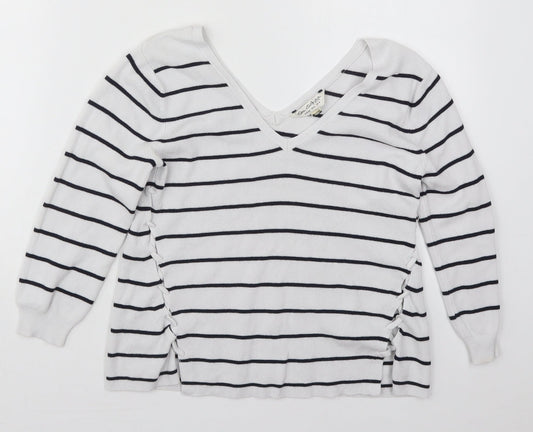 Miss Selfridge Womens White V-Neck Striped Viscose Pullover Jumper Size 6