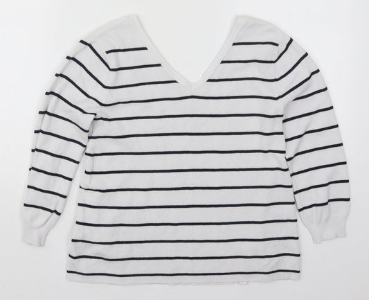 Miss Selfridge Womens White V-Neck Striped Viscose Pullover Jumper Size 6