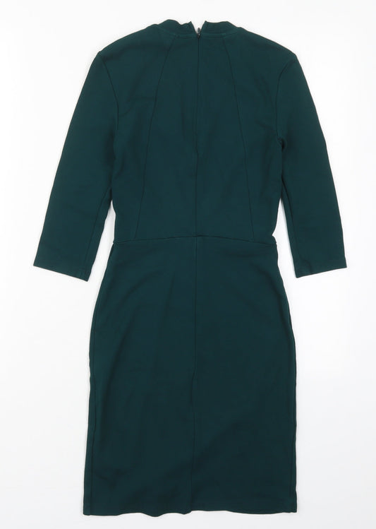 Topshop Womens Green  Viscose Pencil Dress  Size 4  Crew Neck Zip
