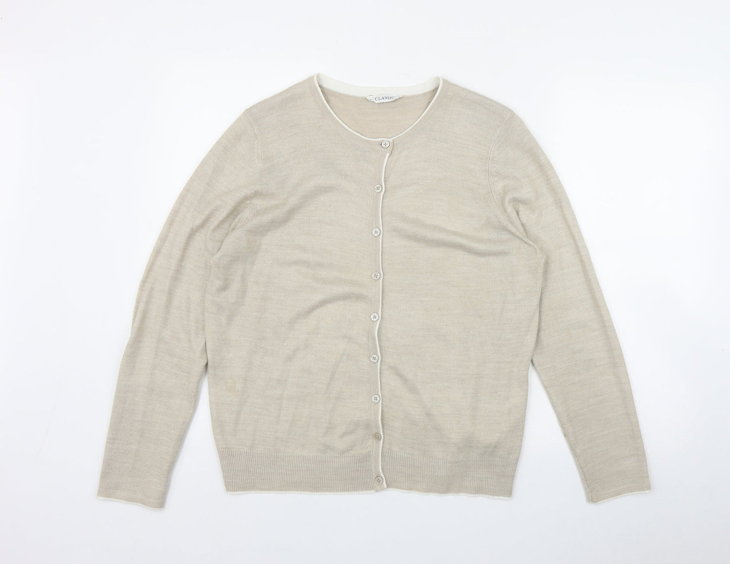 Classic Womens Beige Round Neck  Acrylic Cardigan Jumper Size 14