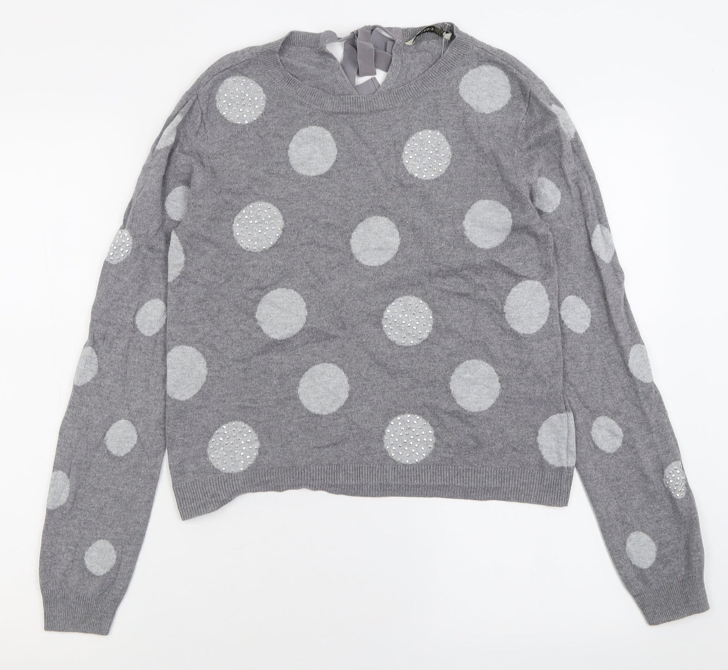 Oasis Womens Grey Crew Neck Polka Dot Cotton Pullover Jumper Size M
