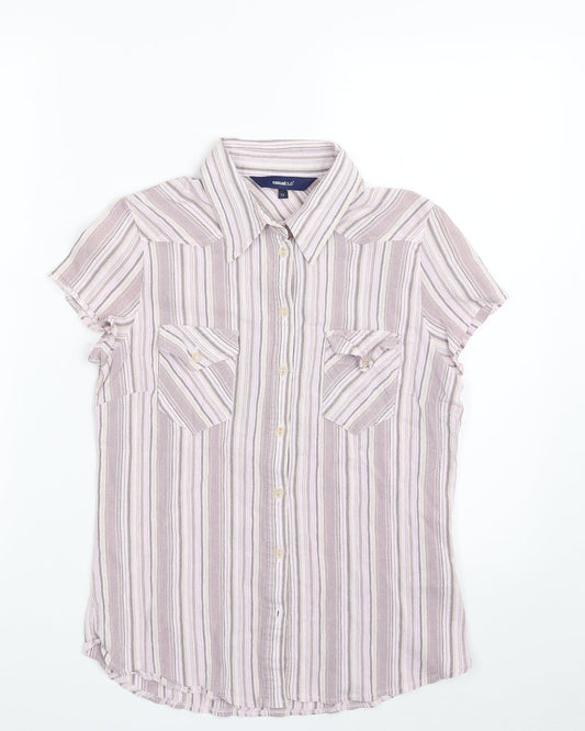 Casual Club Womens Purple Striped 100% Cotton Basic Button-Up Size 12 Collared