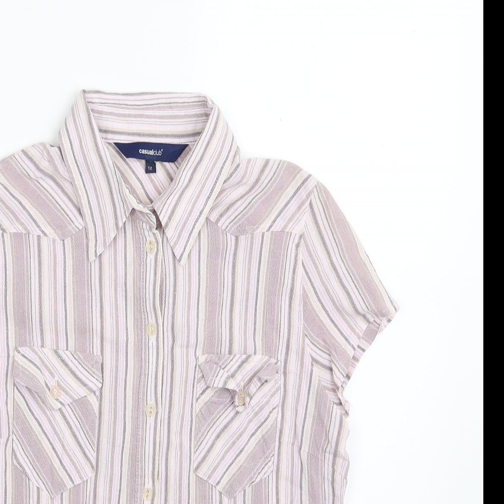 Casual Club Womens Purple Striped 100% Cotton Basic Button-Up Size 12 Collared