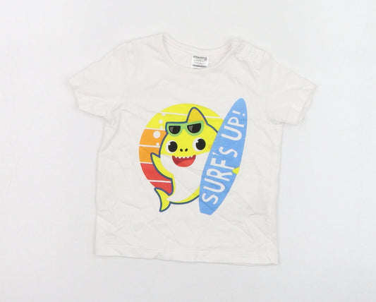 F&F Boys White  Cotton Basic T-Shirt Size 6-9 Months Round Neck Pullover - Baby Shark