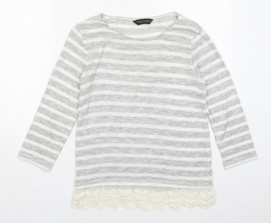 Dorothy Perkins Womens Grey Striped Viscose Basic T-Shirt Size 10 Boat Neck