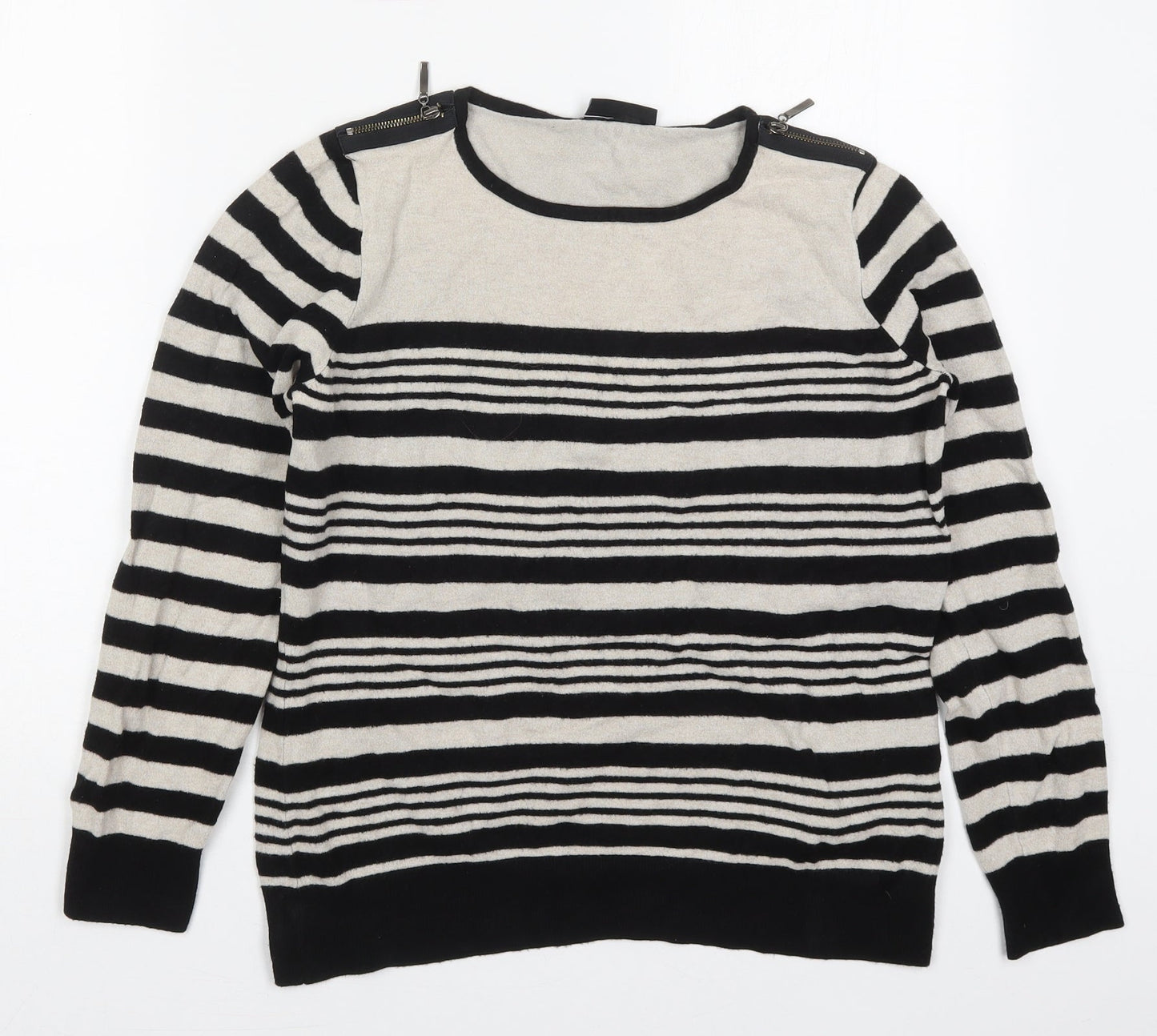 Wallis Womens Black Round Neck Striped Viscose Pullover Jumper Size 10