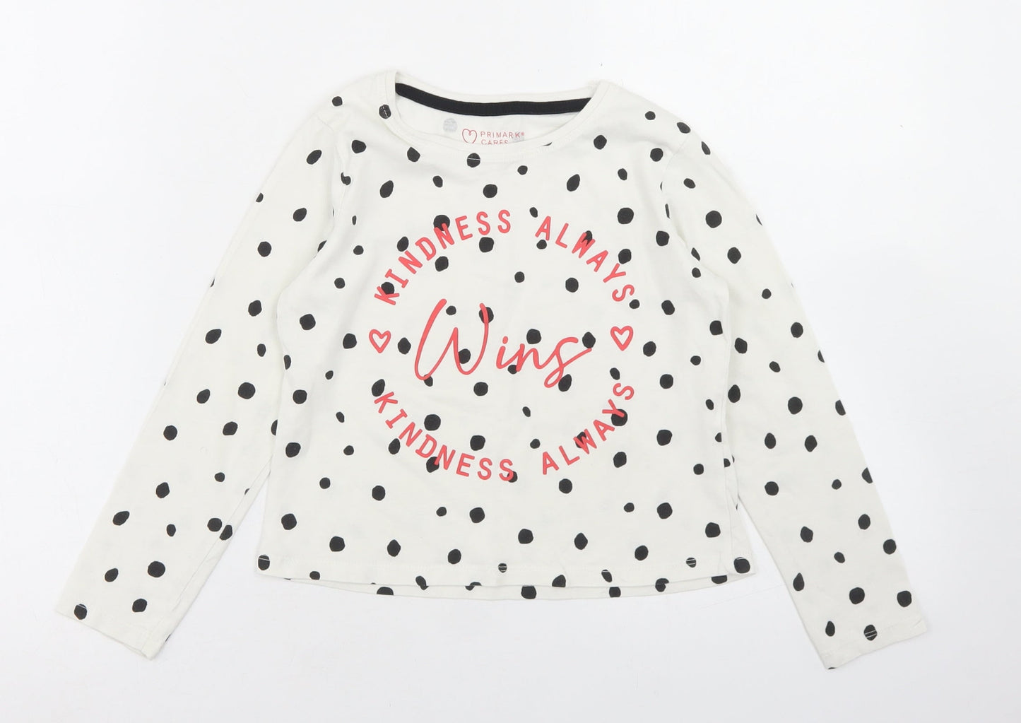 Primark Girls White Polka Dot Polyester Cropped T-Shirt Size 7-8 Years Crew Neck  - Kindness