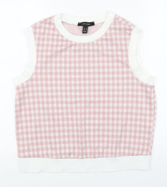 New Look Womens Pink Plaid Polyester Basic Tank Size 14 Round Neck