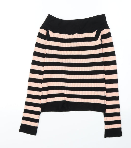 Miss Selfridge Womens Black Striped Viscose Jersey Blouse Size 12 Boat Neck