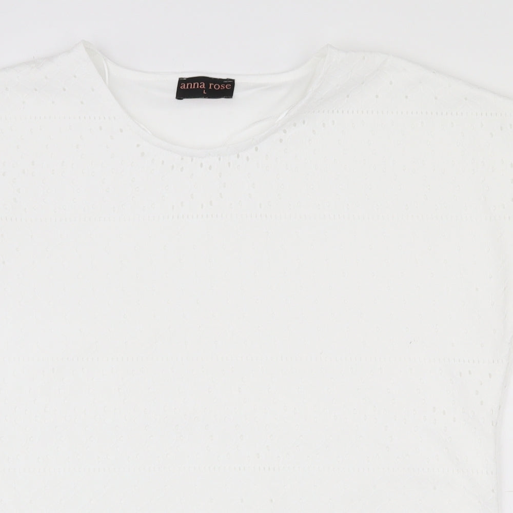 Anna Rose  Womens White Geometric Polyester Basic T-Shirt Size L Round Neck
