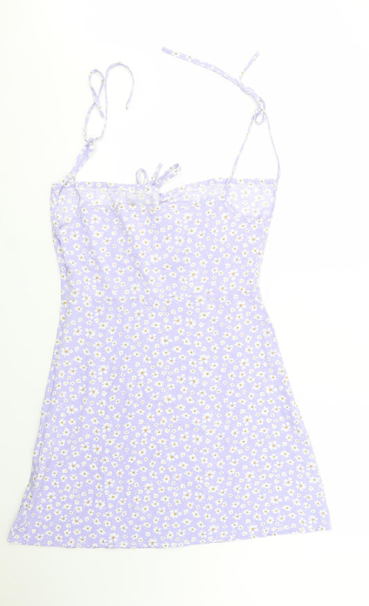 SheIn Womens Purple Floral Cotton Mini  Size L  Square Neck Zip