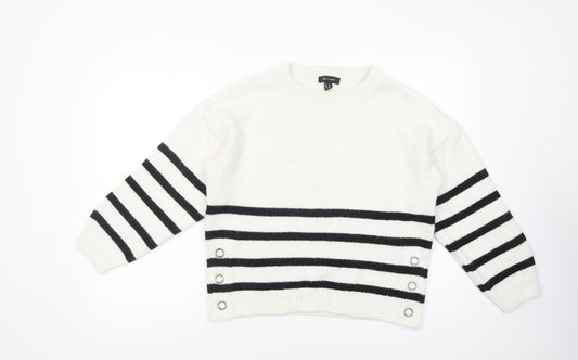 New Look Womens White Crew Neck Striped Acrylic Pullover Jumper Size M
