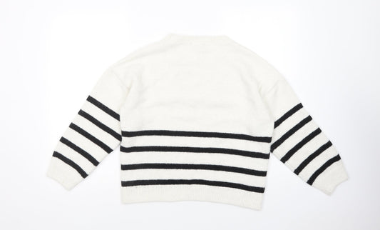 New Look Womens White Crew Neck Striped Acrylic Pullover Jumper Size M