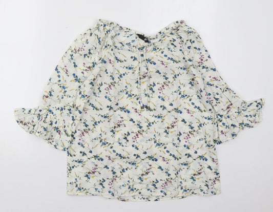 Fig Womens White Floral Cotton Basic Blouse Size S Boat Neck