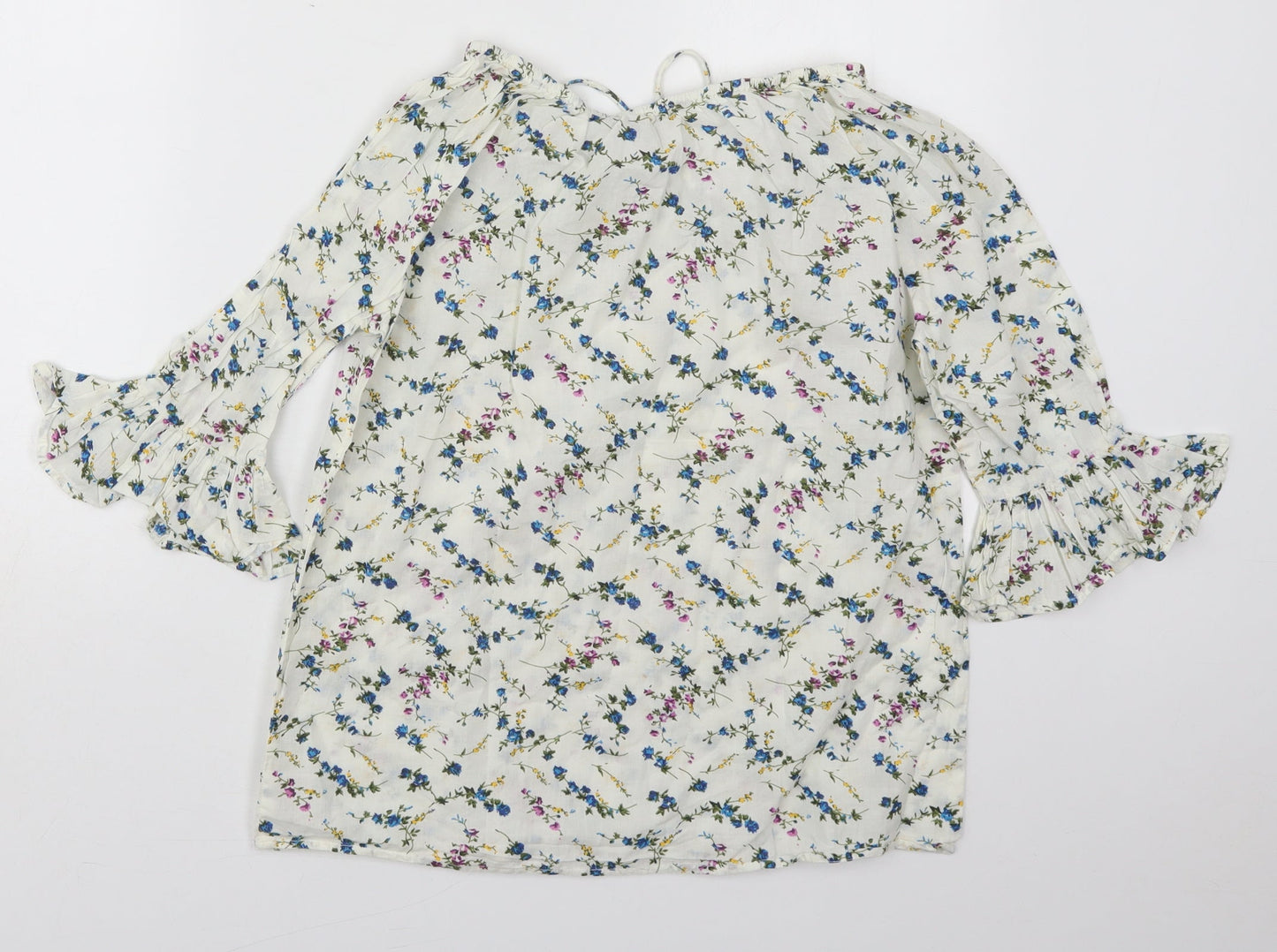 Fig Womens White Floral Cotton Basic Blouse Size S Boat Neck