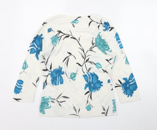 M&Co Womens White V-Neck Floral Acrylic Pullover Jumper Size S