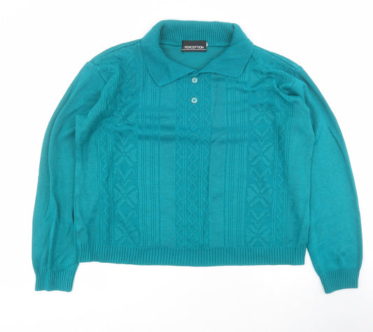 Perception Womens Green Collared  Acrylic Pullover Jumper Size L