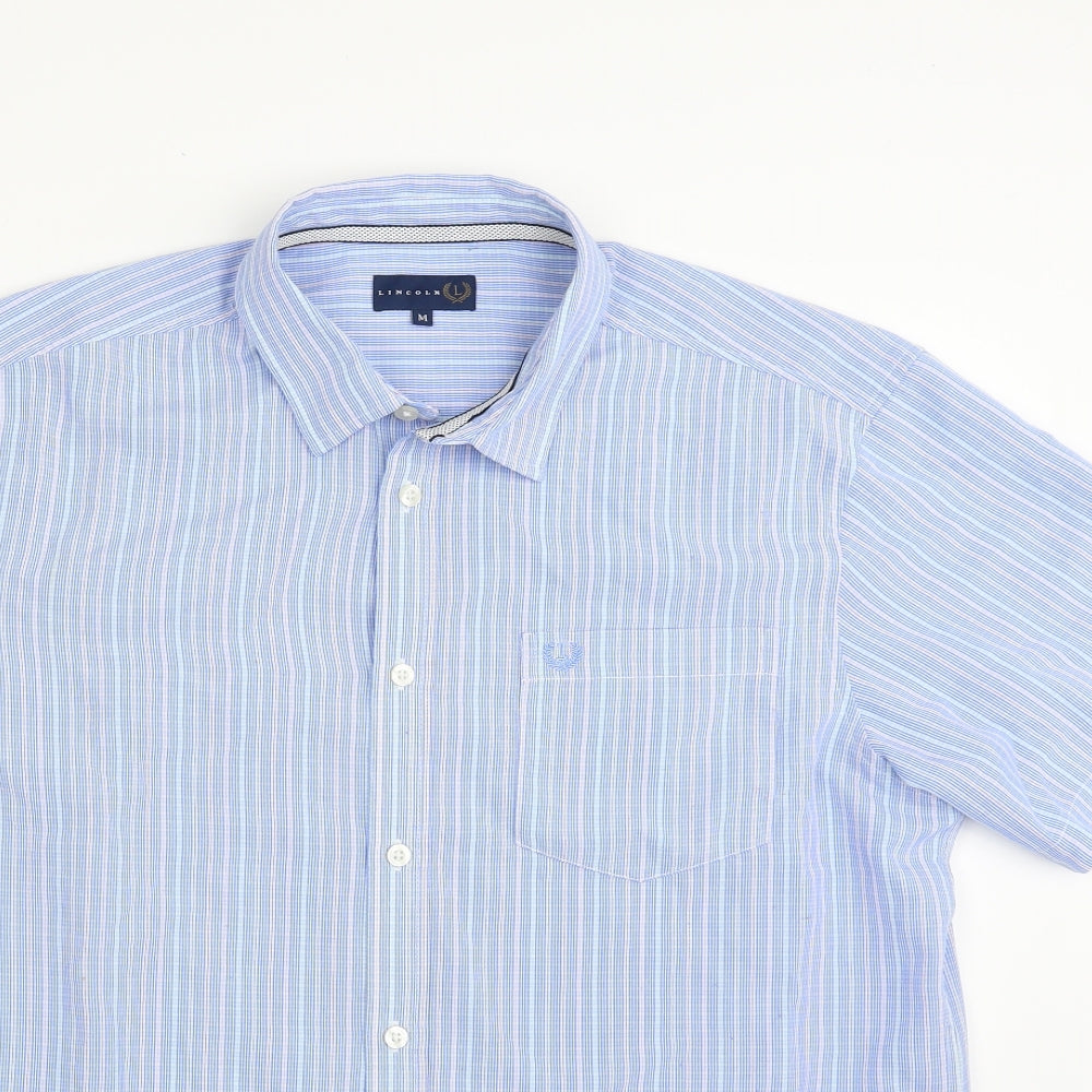 Lincoln Mens Blue Striped Polyester  Button-Up Size M Collared Button