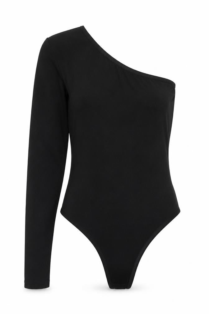PRETTYLITTLETHING Womens Black  Polyester Bodysuit One-Piece Size 6  Pullover - One Shoulder; One Sleeve