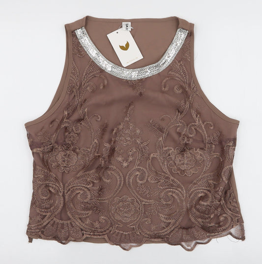 Fly Curby Womens Brown Floral Polyester Basic Blouse Size 2XL Round Neck