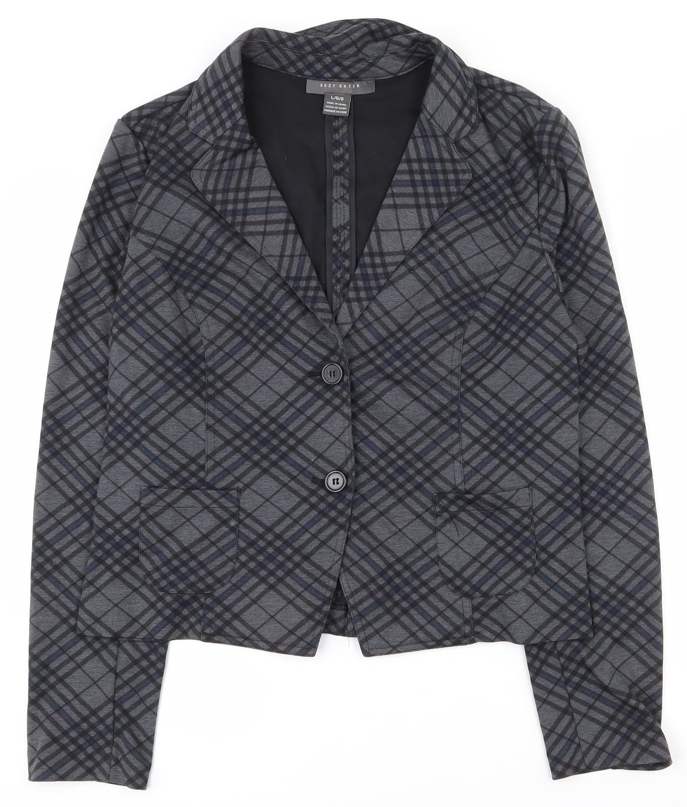 Suzy Shier Womens Grey Plaid Polyester Jacket Suit Jacket Size L