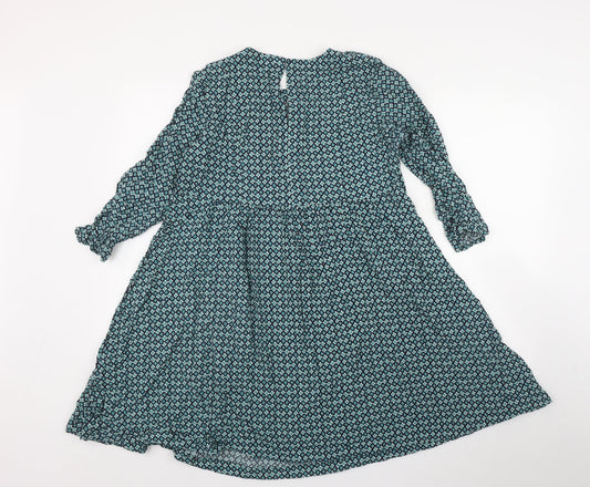 H&M Womens Green Geometric Viscose Fit & Flare  Size 10  Round Neck Button