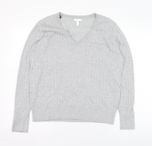 H&M Womens Grey V-Neck  Viscose Pullover Jumper Size L
