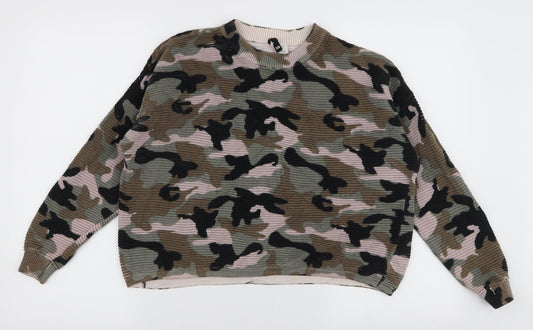 H&M Womens Multicoloured High Neck Camouflage 100% Cotton Pullover Jumper Size XS