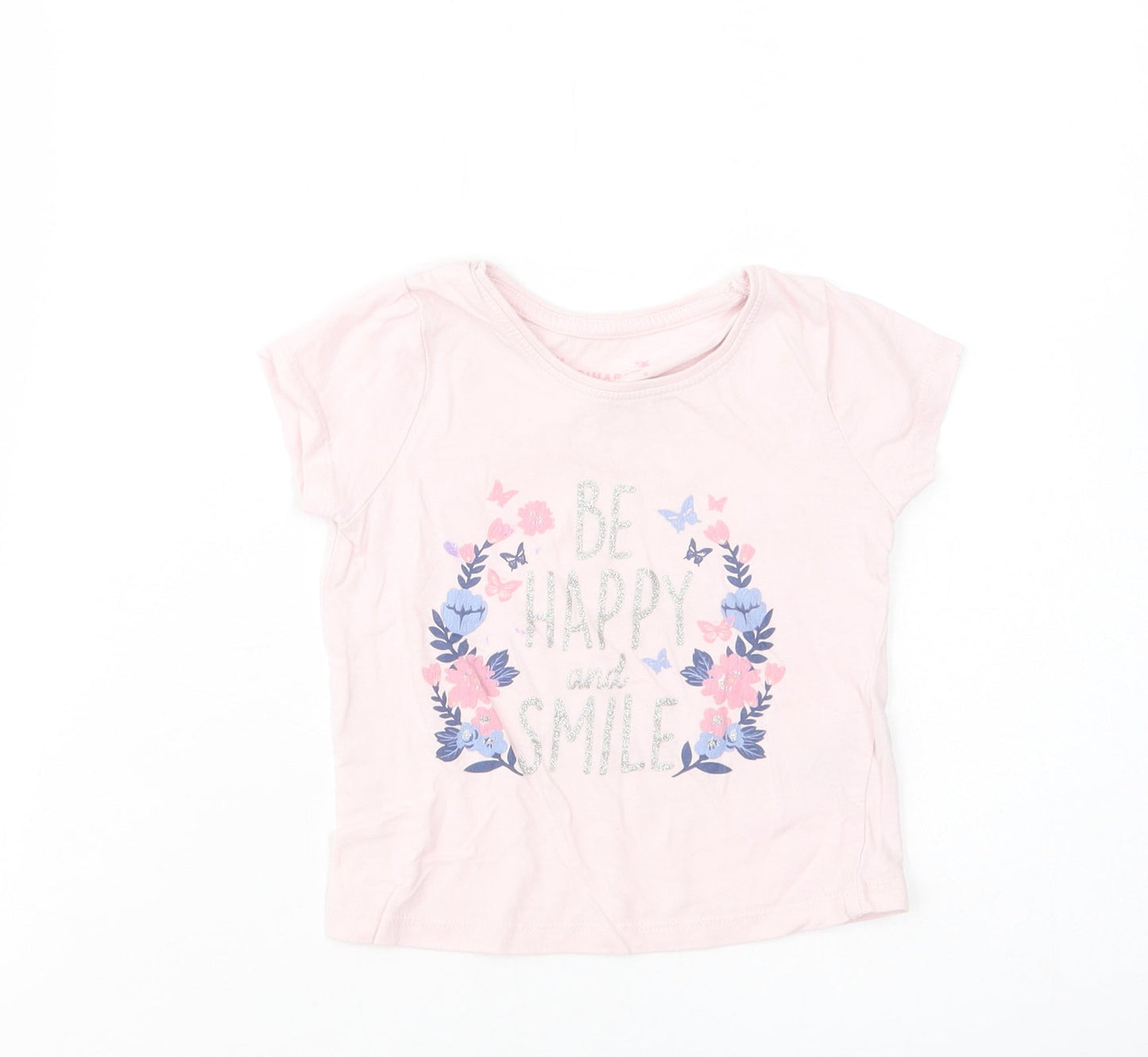 Primark Girls Pink  Cotton Basic T-Shirt Size 2-3 Years Crew Neck Pullover - Be Happy