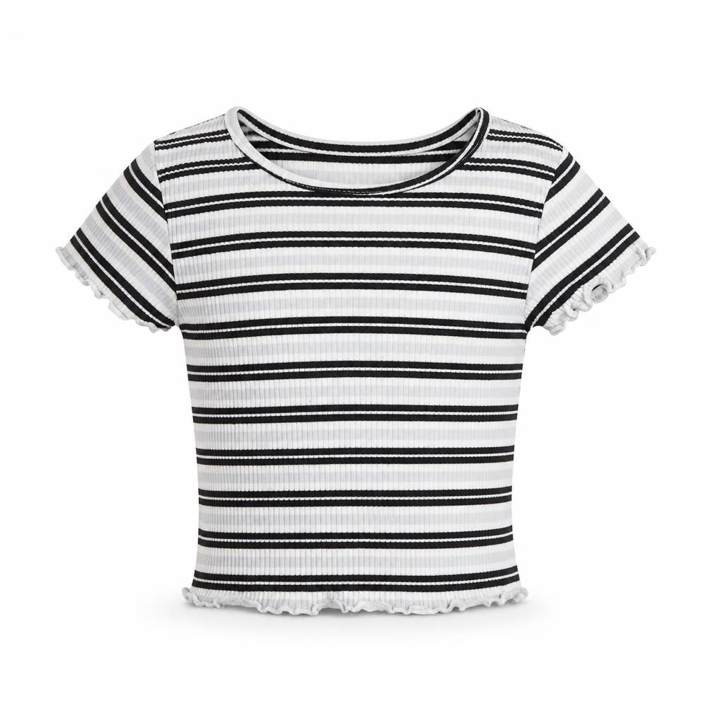 Primark Girls Grey Striped Polyester Basic T-Shirt Size 7-8 Years Round Neck