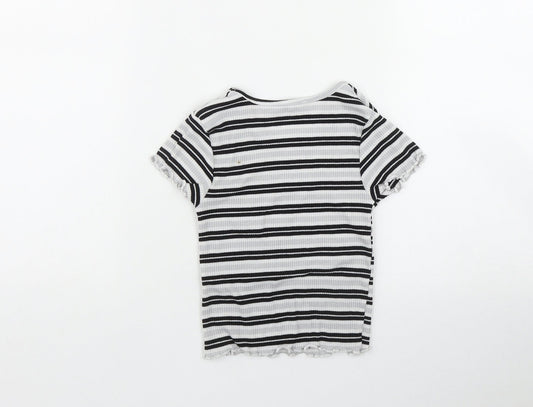 Primark Girls Grey Striped Polyester Basic T-Shirt Size 7-8 Years Round Neck