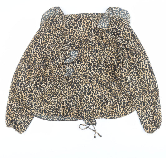 Friends like these Womens Brown Animal Print Polyester Basic Blouse Size 12 V-Neck