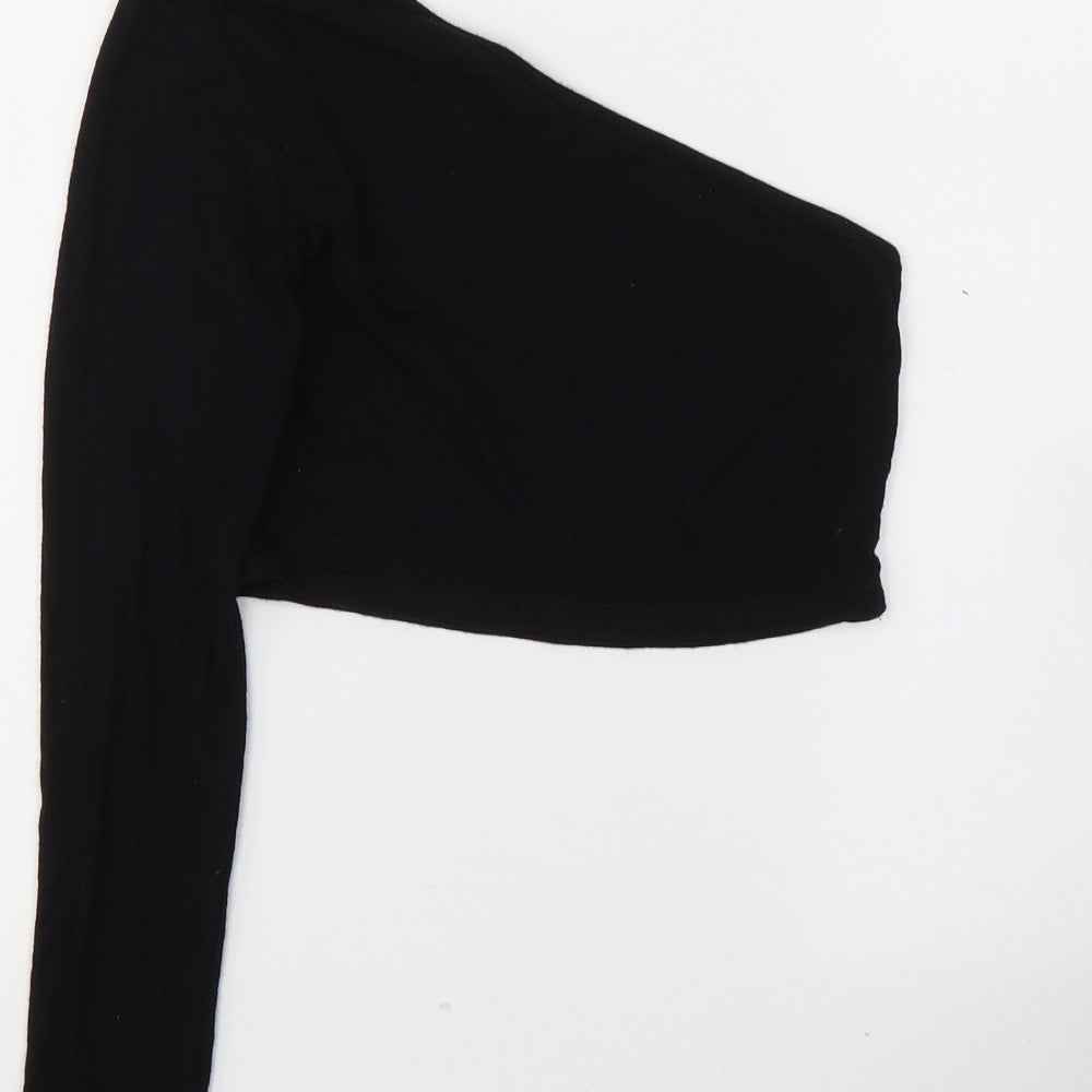 PRETTYLITTLETHING Womens Black  Viscose Cropped Blouse Size 6 One Shoulder