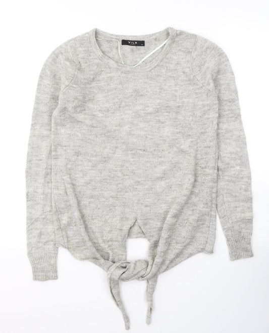 VILA Womens Grey Round Neck  Acrylic Pullover Jumper Size XS   - tie detail